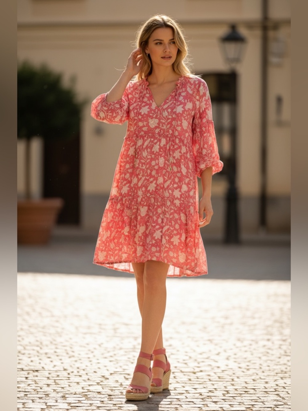 Pink Floral V-Neck Long Sleeve A-Line Dress